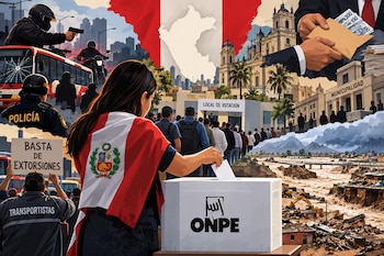 Una mujer con la bandera peruana vota en una urna de la ONPE junto a manifestantes, policías, dinero y un río desbordado