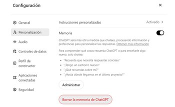 El usuario puede seleccionar que ChatGPT deje de memorizar su información por completo. (ChatGPT)