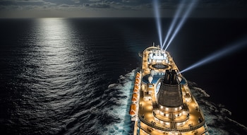 Vista aérea de un crucero grande navegando en el océano oscuro de noche. Sus reflectores emiten haces de luz blanca sobre la superficie del agua.