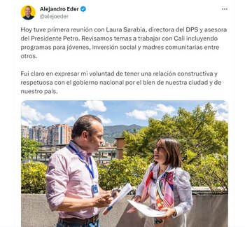 Alejandro Éder se reunió con Laura Sarabia para hablar con respecto a temas sociales en Cali - crédito @alejoeder