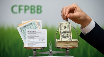 Mano sostiene balanza con documentos de inmigración y crédito en un lado y billetes de dólar en el otro. Fondo borroso verde claro con el logo de CFPB.