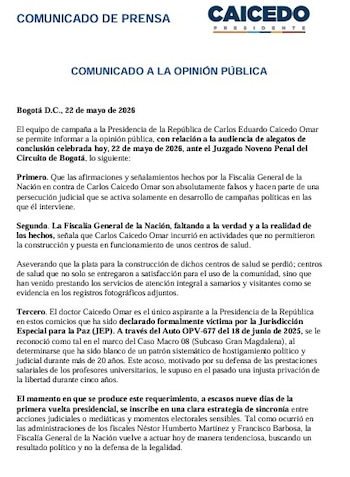 El equipo de campaña de Carlos Eduardo Caicedo Omar denunció una “persecución judicial” por parte de la Fiscalía General de la Nación, a solo nueve días de la primera vuelta presidencial, tras la audiencia realizada ante el Juzgado Noveno Penal del Circuito de Bogotá - crédito Prensa Carlos Caicedo