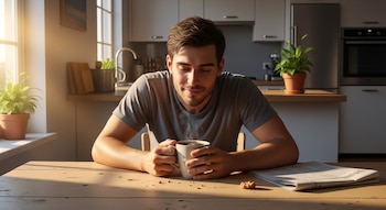 Se ve a un joven sonriendo ligeramente mientras sostiene una taza de café humeante sentado a la mesa de madera en una cocina con luz solar.