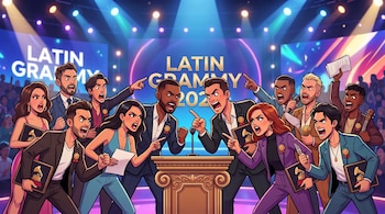 Ilustración de personas vestidas de etiqueta gritando y señalándose en un escenario con luces y el texto Latin Grammy.