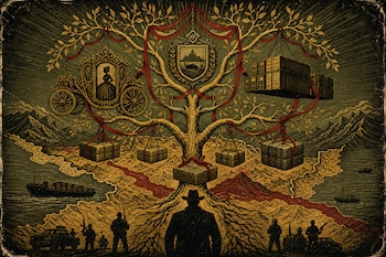 Ilustración de un árbol con un carruaje, un escudo, contenedores y fardos en sus ramas, sobre figuras armadas, vehículos y un mapa montañoso.