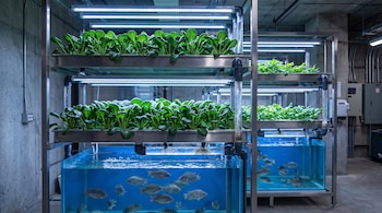 Sistema acuapónico vertical con múltiples niveles de bandejas de plantas tatsoi verdes, tanques inferiores con peces tilapia y luces LED encendidas.