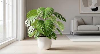 Planta monstera grande con hojas verdes y perforadas en una maceta blanca, ubicada en un salón moderno con piso de madera, ventana y sofá gris de fondo.