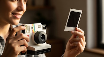 Primer plano de una persona sonriendo, sosteniendo una cámara instantánea blanca con detalles de color y una foto recién impresa con el marco en blanco.