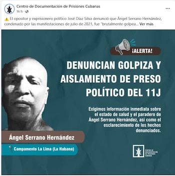 El Centro de Documentación de Prisiones Cubanas documentó en una publicación que Ángel Serrano Hernández fue brutalmente golpeado. Imagen cortesía redes sociales.