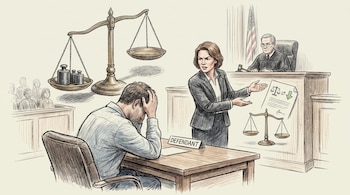 Dibujo de un acusado sentado en un tribunal junto a su abogada frente a un juez, con una balanza y una bandera de Estados Unidos.