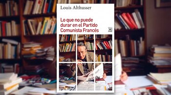 Portada del libro de Louis Althusser con título en rojo, foto del autor, fragmentos de periódicos y un fondo de estanterías con libros desenfocado.