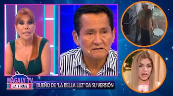 Composición televisiva con Magaly Medina, Óscar Custodio, Naldy Saldaña en un recuadro circular y otro recuadro circular con un video borroso.