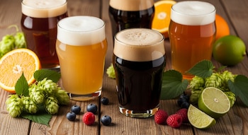 Primer plano de cuatro vasos de cerveza artesanal de distintos colores y espumas, rodeados de lúpulos verdes, naranjas, limas, arándanos y frambuesas sobre madera.