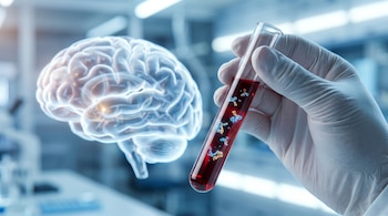 Primer plano de una mano enguantada sosteniendo un tubo de ensayo con sangre y partículas brillantes. Un cerebro humano translúcido se visualiza desenfocado al fondo.