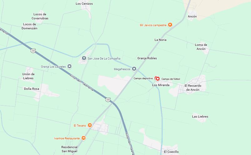 El asesinato ocurrió en pleno día cerca del campo deportivo de la comunidad Los Miranda, en Salamanca, Guanaguato Foto: Maps