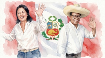 Acuarela de Keiko Fujimori a la izquierda y Roberto Sánchez a la derecha, ambos sonriendo y saludando, con la bandera de Perú de fondo.