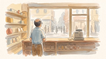 Ilustración de un hombre de espaldas tras un mostrador con caja registradora, estantes con frascos y un ventanal hacia una calle.