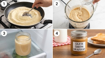 Cuatro pasos de la receta de cajeta sin azúcar: leche en polvo en sartén, mezcla en licuadora, frasco en nevera y producto final en frasco con tostadas.