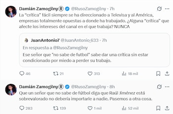 Captura de pantalla de la red social X (anteriormente Twitter) con dos publicaciones del usuario Damián Zamogilny. Se ve su foto de perfil, el nombre de usuario y los textos de sus tuits sobre crítica y periodismo deportivo