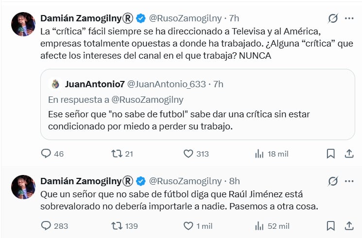 El exfutbolista Damián Zamogilny cuestiona en redes sociales la objetividad periodística de José Ramón Fernández respecto a sus críticas hacia Televisa y el América. (Captura de pantalla: X)