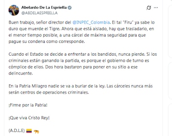 El presidente Abelardo de la Espriella celebró la gestión del Inpec para trasladar a alias Firu a otra cárcel - crédito @ABDELAESPRIELLA/X