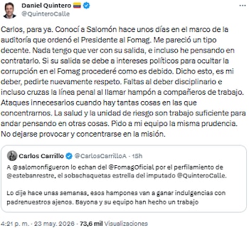 Daniel Quintero rechazó señalamientos y negó vínculo con la salida de Salomón Figuerón del Fomag - crédito @QuinteroCalle/X