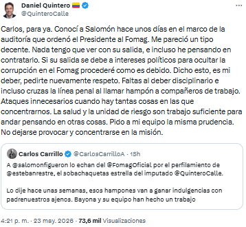 Daniel Quintero rechazó señalamientos y negó vínculo con la salida de Salomón Figuerón del Fomag - crédito @QuinteroCalle/X