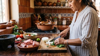 Una mujer corta cebolla en una tabla de madera junto a un recipiente con huesos de tuétano, un molcajete y verduras sobre la mesa.