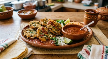 Un plato de tortitas de charales con salsa, arroz rojo, cebolla, cilantro y lima en una mesa de madera, con tortillas y una taza de barro