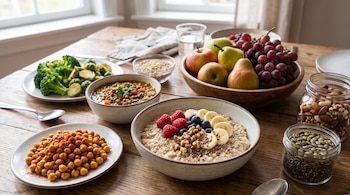 Tazón de avena con frutas, plato con garbanzos, tazón de lentejas, brócoli, frutero con peras y uvas, y frascos con frutos secos y semillas.