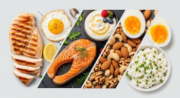 Lentejas, garbanzos, semillas, pollo, pescado