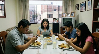 Miembros de una familia comen