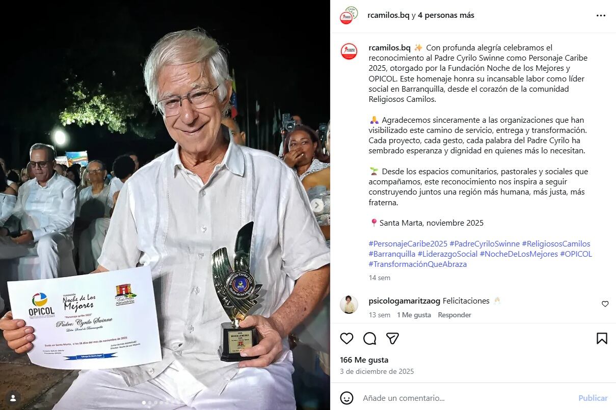 El religioso neerlandés ha sido reconocido en varias ocasiones por su labor social en Barranquilla - crédito @padre_cyrilo/IG