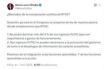 La senadora María Lucía Villalba radicó el Proyecto de Ley 219 de 2026, que propone limitar al 5% los gastos de funcionamiento financiados con recursos del Futic - crédito @Maluvillalba/X