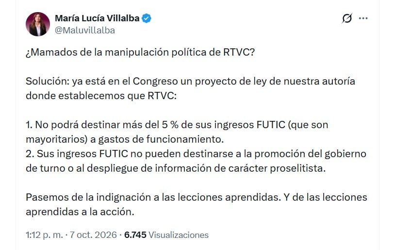 La senadora María Lucía Villalba radicó el Proyecto de Ley 219 de 2026, que propone limitar al 5% los gastos de funcionamiento financiados con recursos del Futic - crédito @Maluvillalba/X