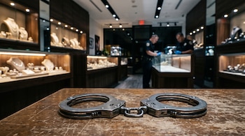 Esposas metálicas sobre una mesa de madera y dos policías al fondo examinando vitrinas con joyas.