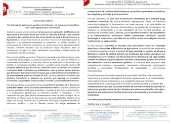 Organizaciones sindicales han expresado preocupación por el posible impacto en la soberanía científica y en la continuidad del manejo técnico de los recursos genéticos del país - crédito @JenniferPedraz/X