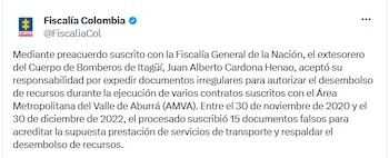 Un juez de Medellín avaló este 24 de julio la primera condena en el caso de corrupción del Área Metropolitana del Valle de Aburrá y los Bomberos de Itagüí, una decisión que se conecta con el macroproceso en el que la Fiscalía prevé imputar a Miguel Quintero Calle, hermano del exalcalde Daniel Quintero, por un entramado que habría causado un detrimento superior a $2.481 millones - crédito Fiscalía General de la Nación