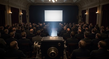 Interior de sala de cine con público sentado frente a pantalla blanca. Un proyector antiguo emite un haz de luz hacia la pantalla. Sala oscura.