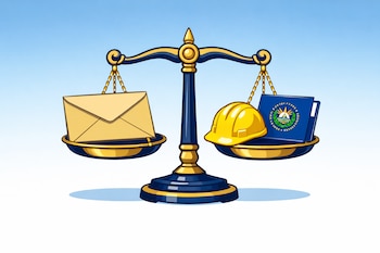 Balanza de la justicia con un sobre en un plato y un casco de obrero con una carpeta del Ministerio de Trabajo de El Salvador en el otro. Fondo degradado