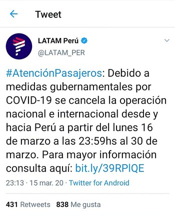 El comunicado oficial de Latam,