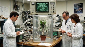 Tres científicos con batas blancas toman notas junto a una cámara transparente con una planta Dracaena marginata y monitores digitales.