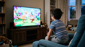 Niño de espaldas con camiseta azul a rayas observa una televisión con dibujos animados en una sala con estanterías y sofás.