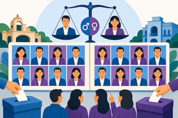 Ilustración de una balanza con símbolos de género sobre retratos de hombres y mujeres organizados en filas, junto a urnas de votación.