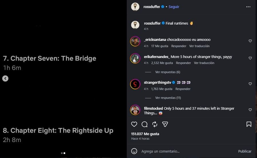 Ross Duffer reveló la duración de los últimos episodios de la serie. (Instagram)