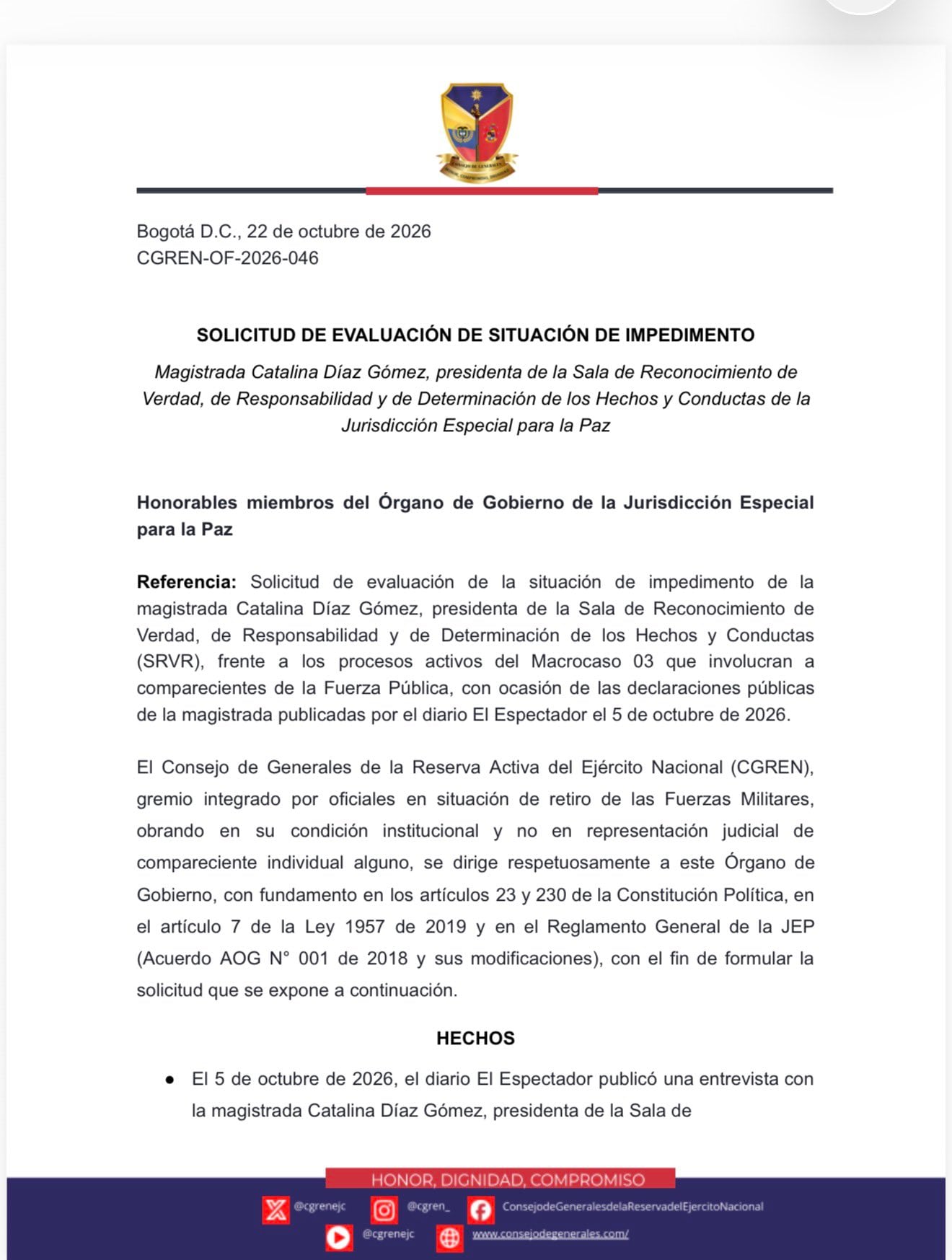 Los generales invocaron el principio de imparcialidad objetiva y plantean que las declaraciones deben examinarse para determinar si generan dudas justificadas sobre la imparcialidad de la magistrada en los procesos del Macrocaso 03 - crédito @CarlosSolerPa/X