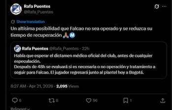 Otro de los periodistas que está al tanto de la cobertura de Millonarios habló acerca de que Falcao García no sería operado-crédito @Rafa_Puentes/X
