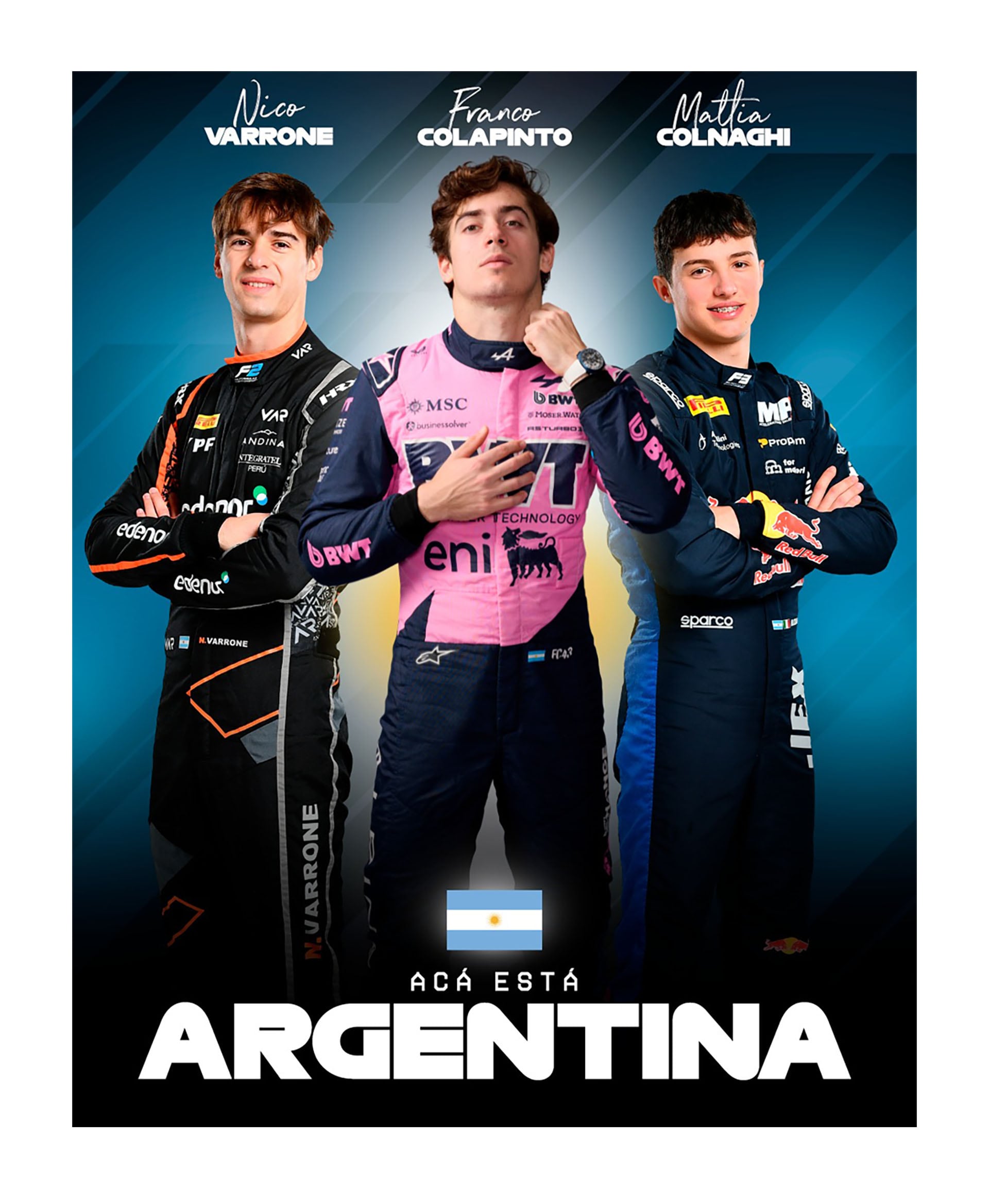 Franco Colapinto, Nicolás Varrone y Mattia Colnaghi posan juntos para el Gran Premio de Australia, representando el talento argentino en el automovilismo internacional (Foto: @F1)