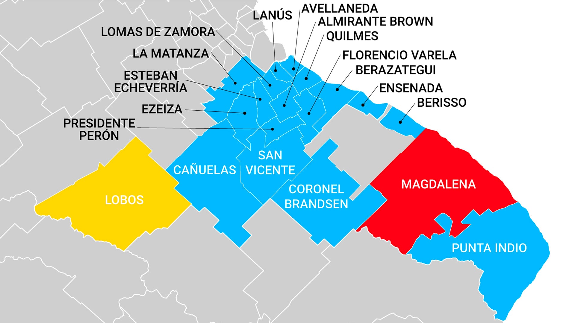 Infografía: las intendencias de la Tercera Sección Electoral. En celeste, las que son conducidas por el peronismo