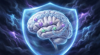 Ilustración de un cerebro humano semi-transparente rodeado por un escudo protector azul, mostrando cadenas de ADN y moléculas p53 y LC3, con un fondo oscuro tormentoso.
